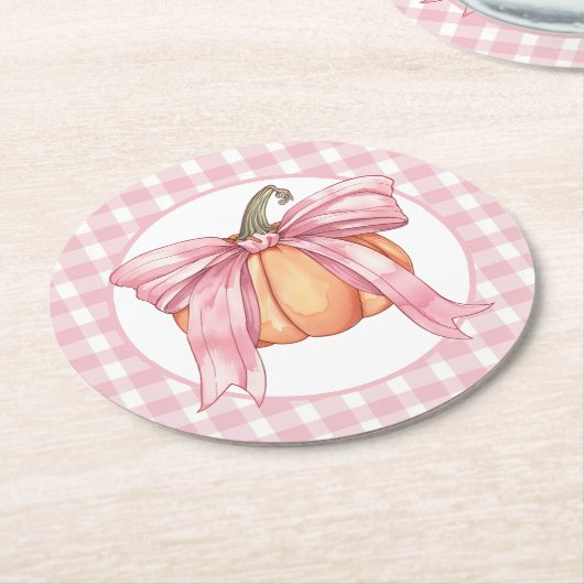 Pink Gingham Ribbon Pumpkin, Coquette Bow Runder Pappuntersetzer (Angewinkelt)