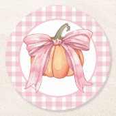 Pink Gingham Ribbon Pumpkin, Coquette Bow Runder Pappuntersetzer (Vorderseite)
