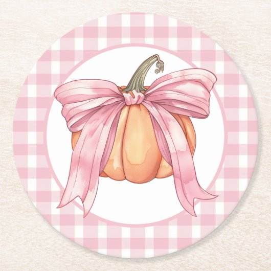 Pink Gingham Ribbon Pumpkin, Coquette Bow Runder Pappuntersetzer (Vorderseite)