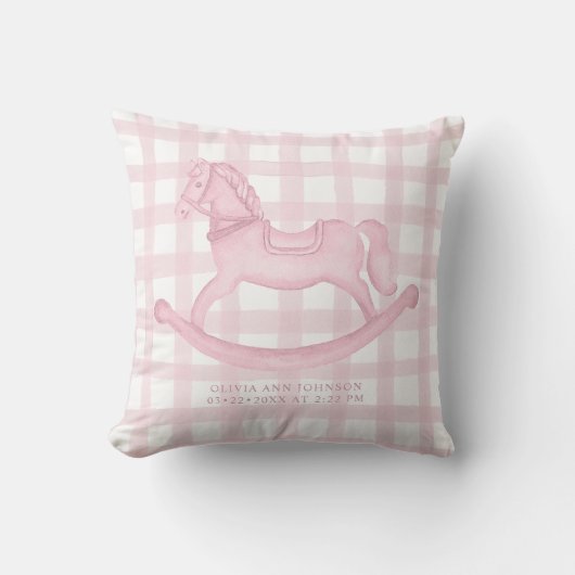 Pink Gingham Rocking Horse Baby Girl Birth Pillow Kissen (Vorderseite)