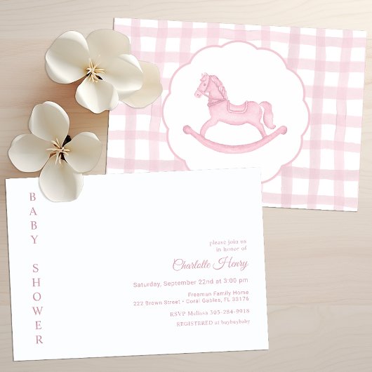 Pink Gingham Rocking Horse Baby Shower Einladung