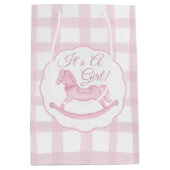 Pink Gingham Rocking Horse Girl Baby Geschenktasch Mittlere Geschenktüte (Vorderseite)