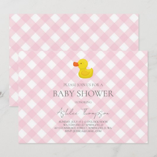 Pink Gingham Rubber Duckie Baby Shower Einladung (Vorne/Hinten)