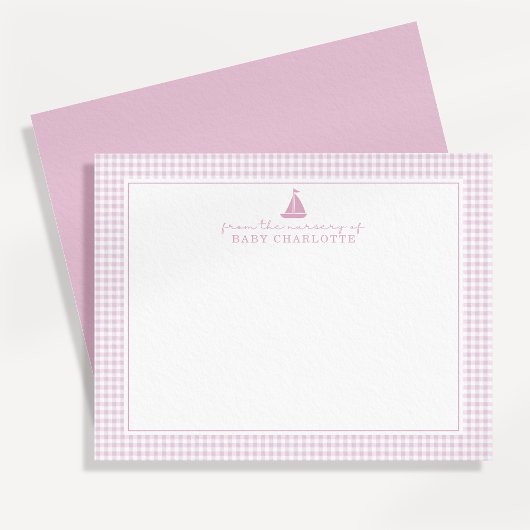 Pink Gingham Sailboat Nursery Note Card Ankündigung