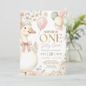 Pink Gingham Silly Goose 1st Birthday Invitation  Einladung (Stehend Vorderseite)