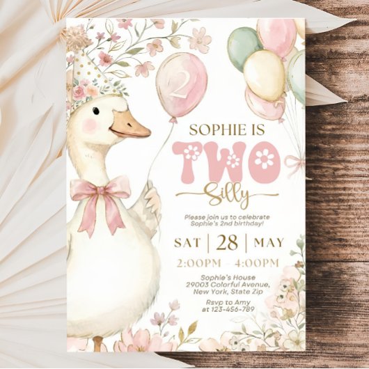 Pink Gingham Silly Goose 2nd Birthday Invitation Einladung