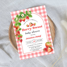 Pink Gingham Strawberry Baby Dusche Party Einladung