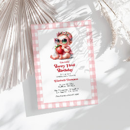Pink Gingham & Strawberry Berry 1. Geburtstag Part Einladung