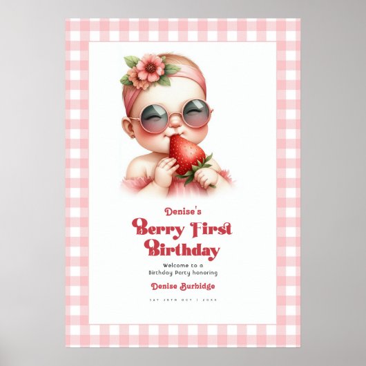 Pink Gingham Strawberry Berry 1. Geburtstag Willko Poster (Vorne)