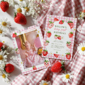 Pink Gingham Strawberry Berry Erster Geburtstag Einladung