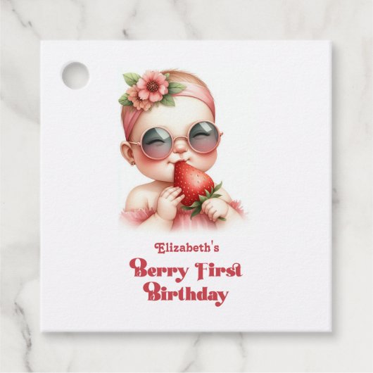 Pink Gingham & Strawberry Berry Erster Geburtstag Geschenkanhänger (Vorderseite)