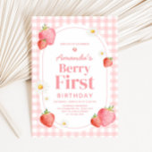 Pink Gingham Strawberry Berry First Birthday Party Einladung