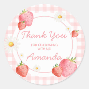 Pink Gingham Strawberry Berry First Birthday Party Runder Aufkleber