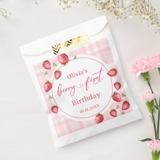 Pink Gingham Strawberry Birthday Geschenktütchen (Versiegelt)