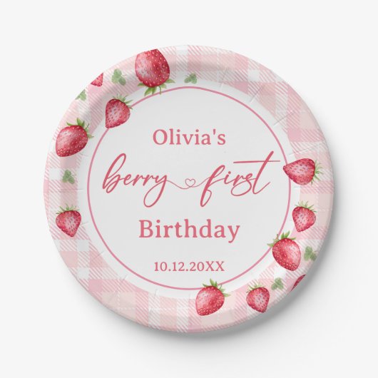 Pink Gingham Strawberry Birthday Pappteller (Vorderseite)