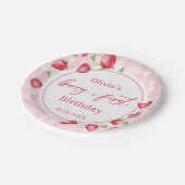 Pink Gingham Strawberry Birthday Pappteller (Schrägansicht)