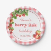 Pink Gingham Strawberry Birthday Pappteller (Vorderseite)