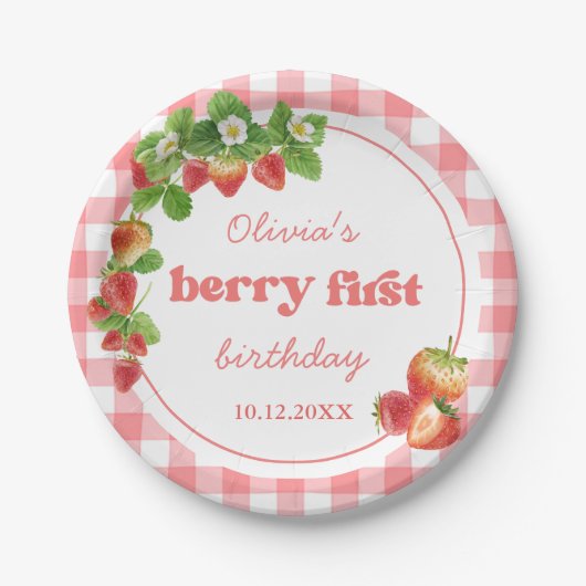 Pink Gingham Strawberry Birthday Pappteller (Vorderseite)