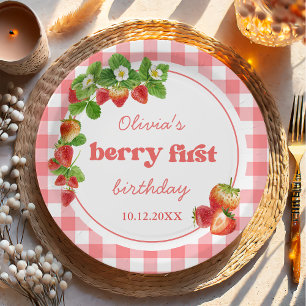 Pink Gingham Strawberry Birthday Pappteller