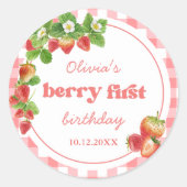 Pink Gingham Strawberry Birthday Runder Aufkleber (Vorderseite)