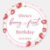 Pink Gingham Strawberry Birthday Runder Aufkleber (Vorderseite)