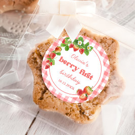 Pink Gingham Strawberry Birthday Runder Aufkleber