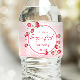 Pink Gingham Strawberry Birthday Wasserflaschenetikett