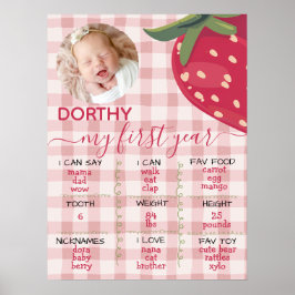 Pink Gingham Strawberry First Birthday Milestone Poster