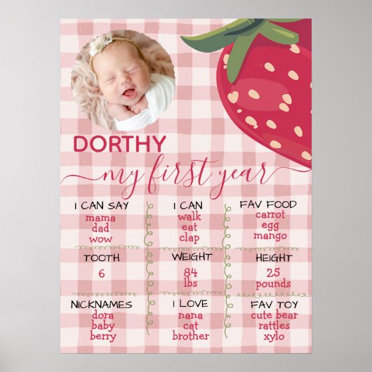 Pink Gingham Strawberry First Birthday Milestone Poster (Vorne)