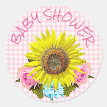 Pink Gingham Sunflower BABY SHOWER Stickers