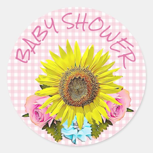 Pink Gingham Sunflower BABY SHOWER Stickers (Vorderseite)
