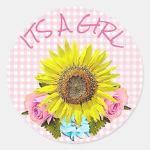Pink Gingham Sunflower BABY SHOWER Stickers