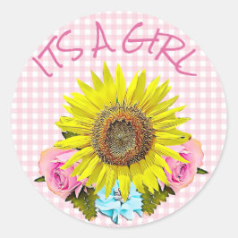 Pink Gingham Sunflower BABY SHOWER Stickers