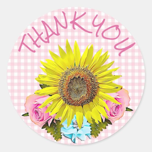 Pink Gingham Sunflower Danke Stickers (Vorderseite)