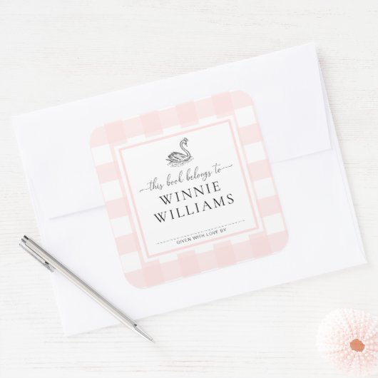 Pink Gingham Swan Buchzeichen Sticker (Umschlag)