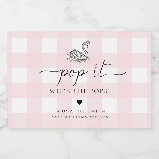 Pink Gingham Swan Pop It When She Pops Schaumweinetikett (Einzelnes Label)