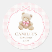 Pink Gingham Teddy Bear Baby Dusche Runder Aufkleber (Vorderseite)