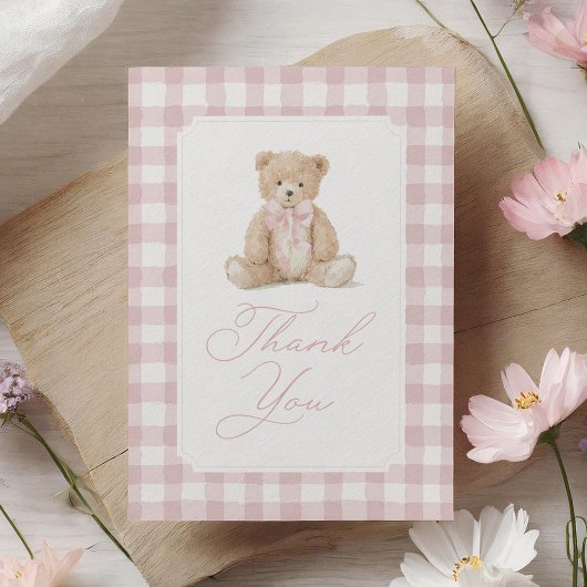 Pink Gingham Teddy Bear Baby Shower Dankeskarte