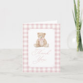 Pink Gingham Teddy Bear Baby Shower Dankeskarte (Vorderseite)