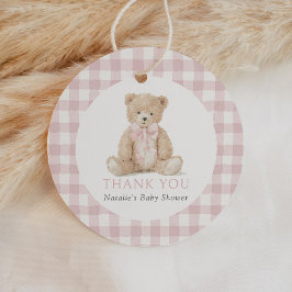 Pink Gingham Teddy Bear Baby Shower Geschenkanhänger