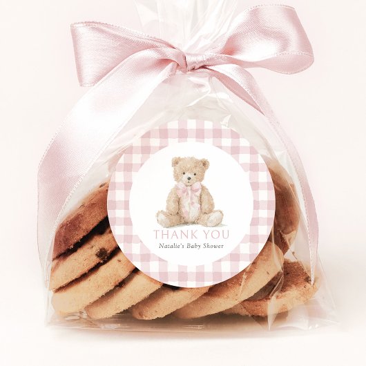 Pink Gingham Teddy Bear Baby Shower Runder Aufkleber