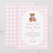 Pink Gingham Teddy Bear Beary First Birthday Dankeskarte (Vorne/Hinten)