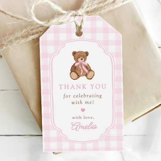 Pink Gingham Teddy Bear Beary First Birthday Geschenkanhänger