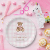 Pink Gingham Teddy Bear Beary First Birthday Pappteller (Party)