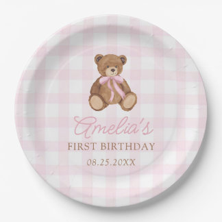 Pink Gingham Teddy Bear Beary First Birthday Pappteller