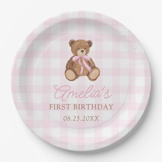 Pink Gingham Teddy Bear Beary First Birthday Pappteller (Vorderseite)