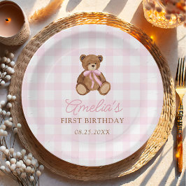Pink Gingham Teddy Bear Beary First Birthday Pappteller