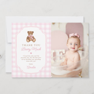 Pink Gingham Teddy Bear Beary First Birthday Photo Dankeskarte