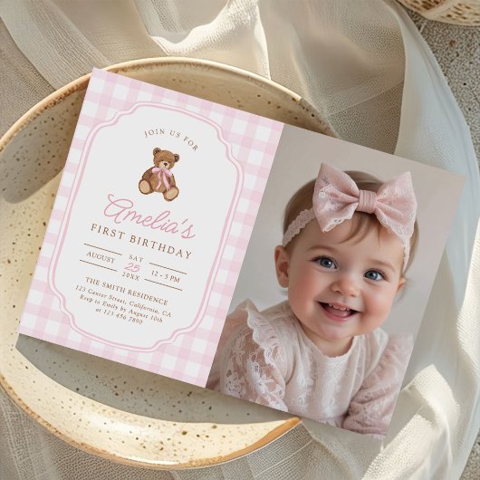 Pink Gingham Teddy Bear Beary First Birthday Photo Einladung