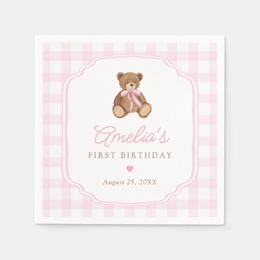 Pink Gingham Teddy Bear Beary First Birthday Serviette (Vorderseite)